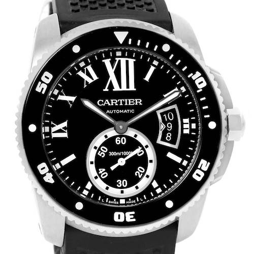 The image shows a front view of the Calibre de Cartier watch by Cartier, highlighting the dial and bezel.