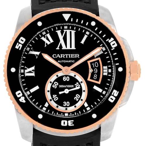 The image shows a front view of the Calibre de Cartier watch by Cartier, highlighting the dial, hands, bezel, and sub-dial.