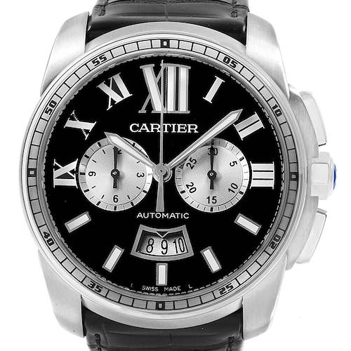 The image shows a front view of the Calibre de Cartier watch by Cartier, highlighting its dial, subdials, and leather strap.