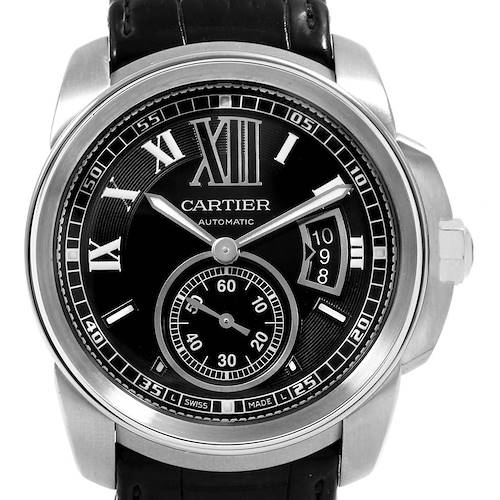 The image shows a frontal view of the Calibre de Cartier watch by Cartier, highlighting the dial and crown.