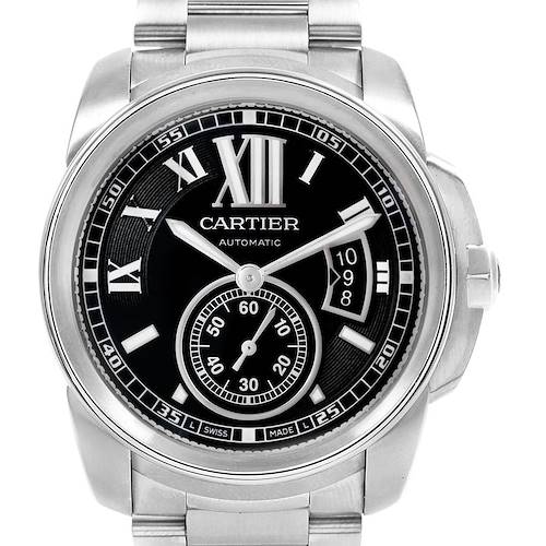 This image shows a frontal view of the Calibre de Cartier model by Cartier, highlighting its black dial and stainless steel bracelet.