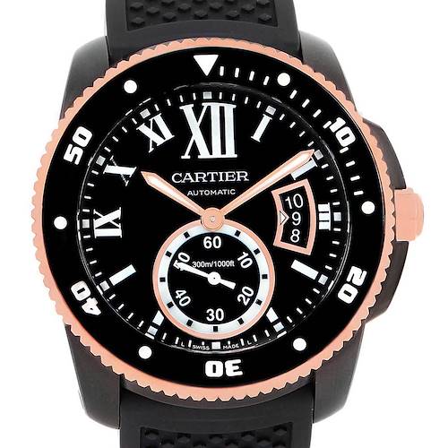 The image shows the face of a Calibre de Cartier watch by Cartier from a front angle.