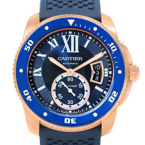 This image shows the face and bezel of a Cartier Calibre de Cartier WGCA0010 Men's Rose Gold Blue Dial WGCA0010 Men's Rose Gold Blue Dial watch, with blue accents and a rose gold case.