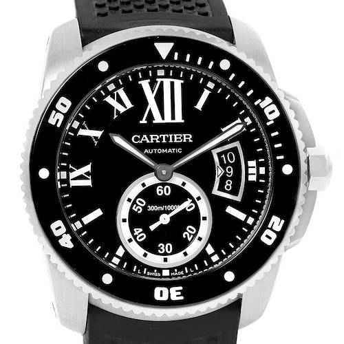 The image shows a front view of a Calibre de Cartier watch by Cartier, displaying the dial, bezel, and part of the strap.