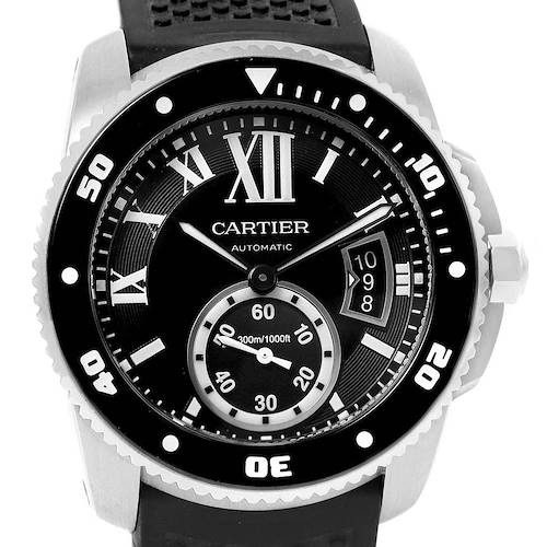 The image shows a close-up of the face of a Calibre de Cartier model by Cartier, highlighting its dial and bezel.