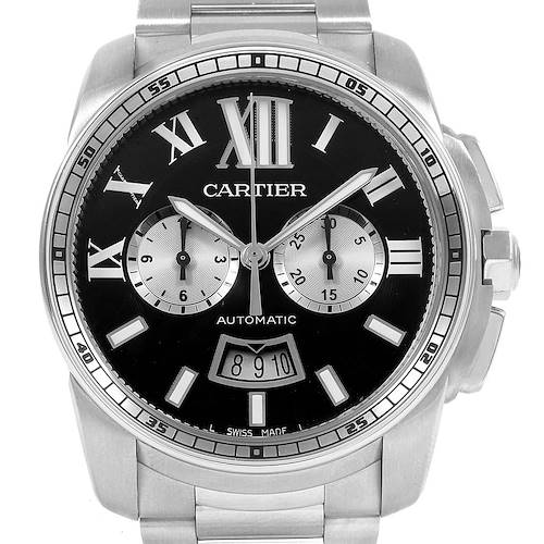 This image shows the front view of a Calibre de Cartier watch by Cartier, highlighting its black dial and chronograph features.