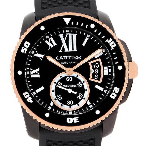 The image shows a front view of a Calibre de Cartier watch by Cartier, displaying the face, bezel, and crown.