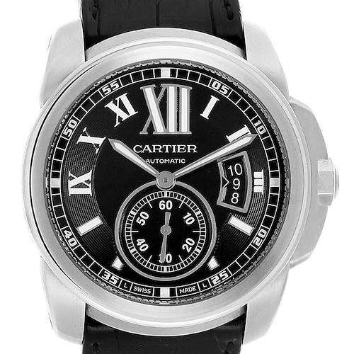 The image shows a frontal view of the Calibre de Cartier watch by Cartier, highlighting its dial, hands, and date indicator.