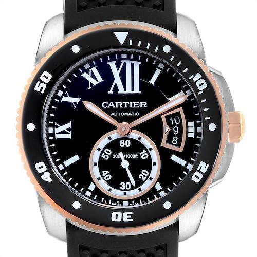 The image shows a front view of the Calibre de Cartier watch by Cartier, highlighting the dial, bezel, and crown.