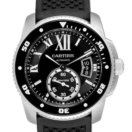 The image shows a front view of the Calibre de Cartier model by Cartier, highlighting the dial, bezel, crown, and strap.