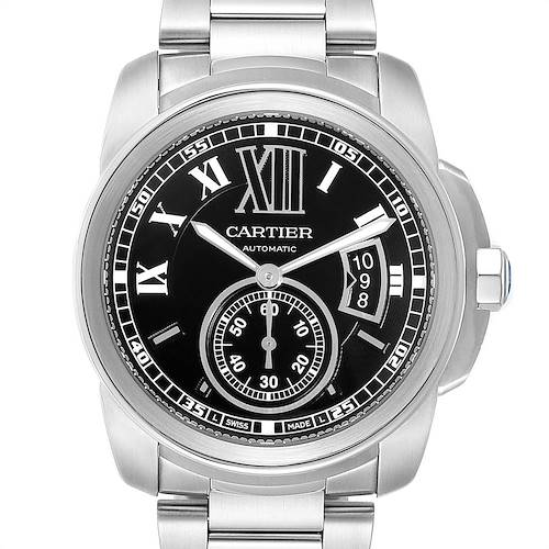 The image shows a front view of a Calibre de Cartier watch by Cartier, highlighting the dial, bezel, and part of the bracelet.