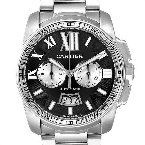 The image shows a front view of the Calibre de Cartier automatic watch by Cartier, displaying its face, dials, and date window.