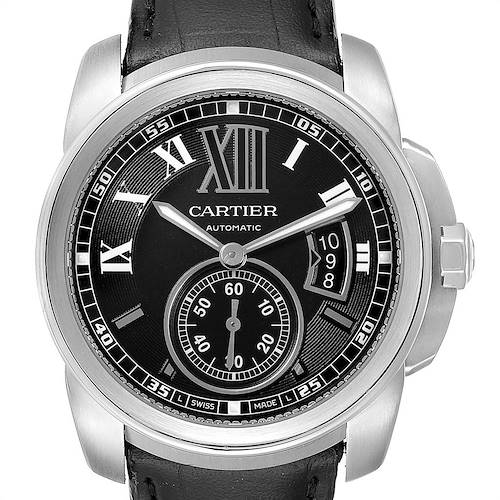 The image shows a frontal view of the Calibre de Cartier watch by Cartier, highlighting its dial, hands, and part of the strap.