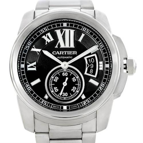 The image shows a front view of the Calibre de Cartier watch by Cartier, displaying its face and stainless steel band.