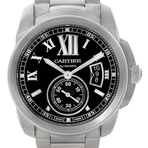 This image shows a front view of the Calibre de Cartier watch by Cartier, displaying its dial, hands, and date indicator.
