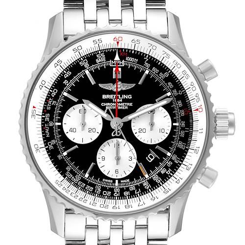 This image shows a front view of the Breitling Navitimer AB0310 Men's Stainless Steel Black Dial AB0310 Men's Stainless Steel Black Dial watch displaying the dial, bezel, and part of the metal bracelet.