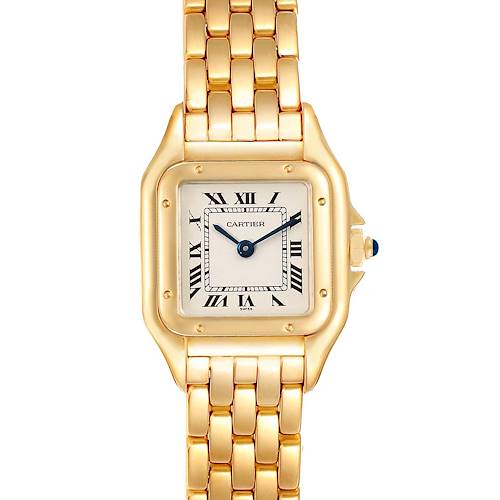 The image shows a front angle of a Cartier Panthere W25022B9 Women's Yellow Gold Silver Dial W25022B9 Women's Yellow Gold Silver Dial watch, highlighting its dial, case, and bracelet.