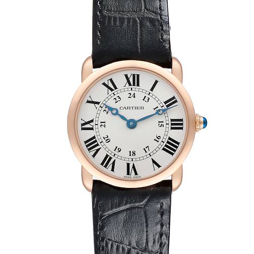 The Cartier Ronde W6800151 Women's Rose Gold Silver Dial W6800151 Women's Rose Gold Silver Dial watch is shown from the front, displaying the dial, roman numerals, and leather strap.
