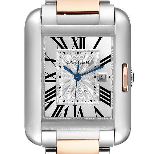 The image shows a close-up, frontal view of the Cartier Tank Anglaise W5310007 Men's Steel and Gold (two tone) Silver Dial W5310007 Men's Steel and Gold (two tone) Silver Dial watch, highlighting its face, dial, and part of the bracelet.