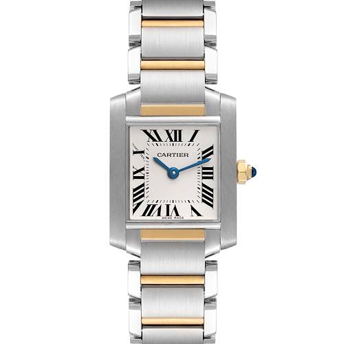 The image shows a front view of the Cartier Tank Francaise W51007Q4 Women's Steel and Gold (two tone) Silver Dial W51007Q4 Women's Steel and Gold (two tone) Silver Dial watch, highlighting its face and two-tone metal bracelet.