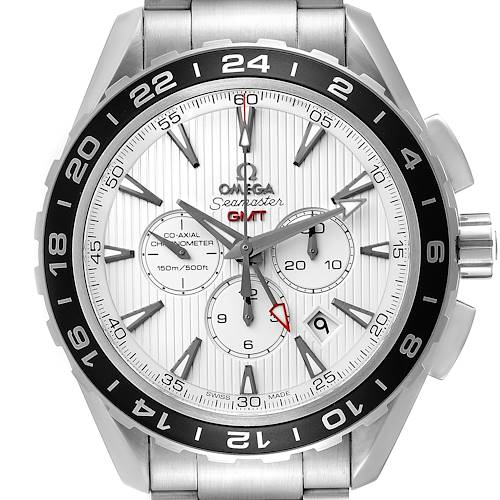 The image shows a front view of the Omega Seamaster 231.10.44.52.04.001 Men's Stainless Steel White Dial 231.10.44.52.04.001 Men's Stainless Steel White Dial GMT watch, highlighting the dial, bezel, and bracelet.