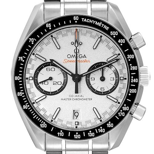The image shows a front view of the Omega Speedmaster 329.30.44.51.04.001 Men's Stainless Steel White Dial 329.30.44.51.04.001 Men's Stainless Steel White Dial watch, highlighting the dial, sub-dials, tachymeter bezel, and bracelet.