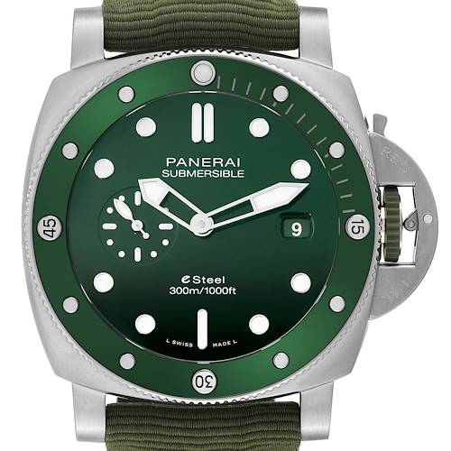The image shows a front view of the Panerai Submersible PAM01287 Men's Stainless Steel Green Dial PAM01287 Men's Stainless Steel Green Dial watch, highlighting its green dial, bezel, and date window.