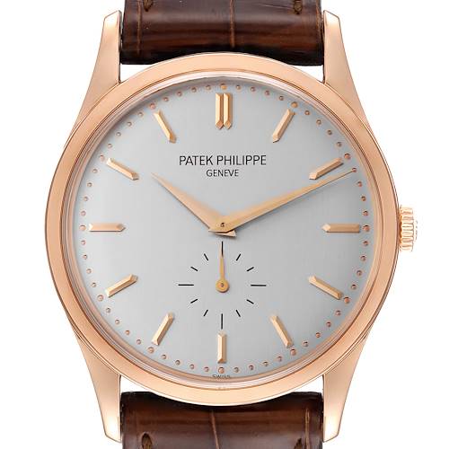 The image shows a frontal view of the Patek Philippe Calatrava 5196R Men's Rose Gold Silver Dial 5196R Men's Rose Gold Silver Dial watch, displaying the dial, hands, crown, and part of the leather strap.