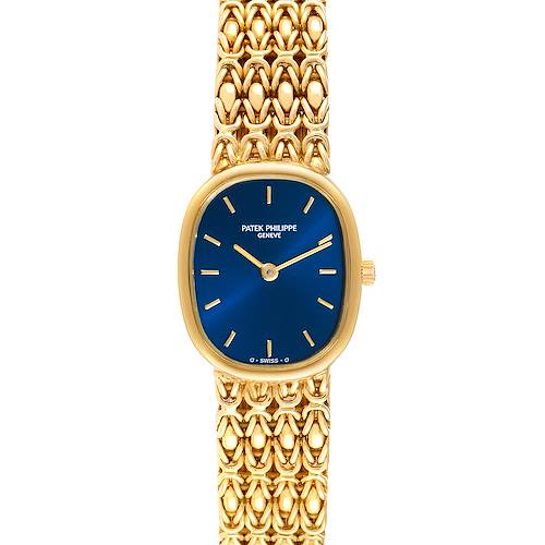 This image displays a front view of the Patek Philippe Golden Ellipse 4764 Women's Yellow Gold Blue Dial 4764 Women's Yellow Gold Blue Dial watch, showing its blue dial and intricate gold bracelet.