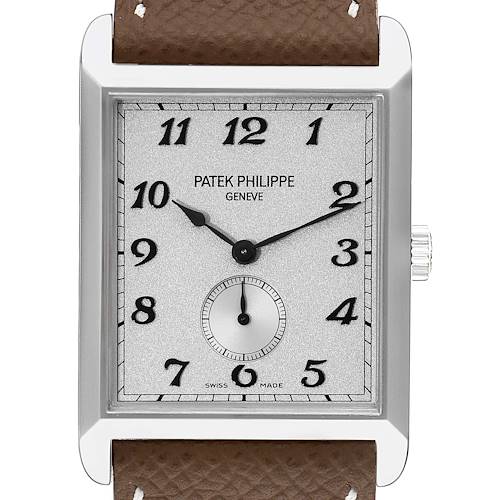 The image shows a front view of the Patek Philippe Gondolo 5109G Men's White Gold Silver Dial 5109G Men's White Gold Silver Dial watch, highlighting the face, numerals, and part of the brown leather strap.
