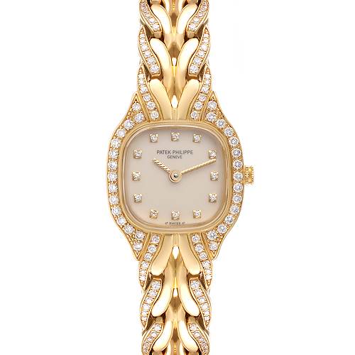 This image shows a front view of the Patek Philippe La Flamme  4715J Women's Yellow Gold Silver Dial 4715J Women's Yellow Gold Silver Dialwatch, highlighting the face, bracelet, and diamond embellishments.