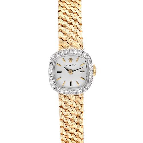 The image shows a Rolex Cocktail Women's Yellow Gold Silver Dial Women's Yellow Gold Silver Dial model watch from a front angle, emphasizing its face, bezel, and gold bracelet.