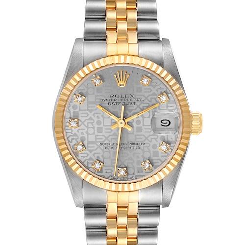 The Rolex Mid-Size 68273 Women's Steel and Gold (two tone) Silver Dial 68273 Women's Steel and Gold (two tone) Silver Dial Oyster Perpetual Datejust watch is shown from the front, highlighting its dial, bezel, and bracelet.