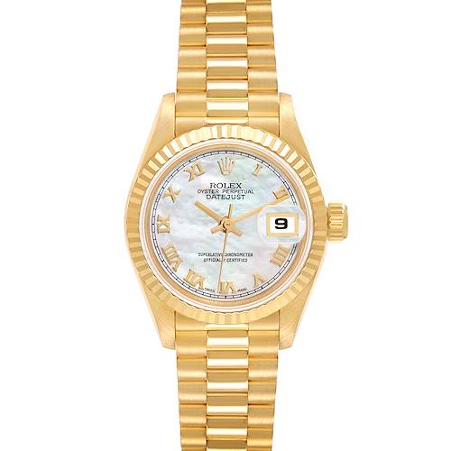 The image shows a front view of a Rolex President 69178 Women's Yellow Gold Mother of Pearl Dial 69178 Women's Yellow Gold Mother of Pearl Dial Datejust watch, featuring its gold bracelet, fluted bezel, and date display.