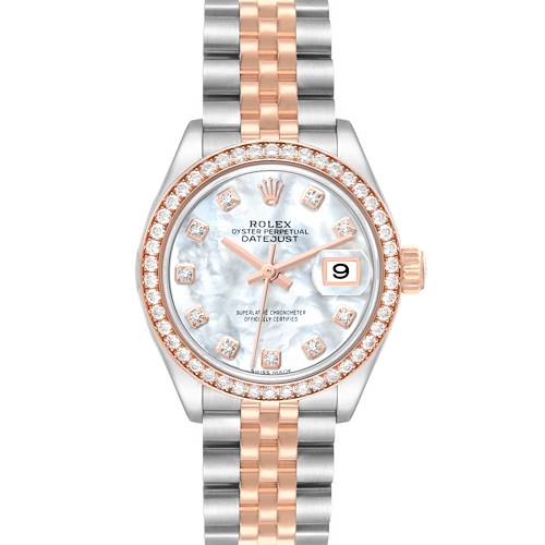 The Rolex Datejust 279381 Women's Steel and Gold (two tone) Mother of Pearl Dial 279381 Women's Steel and Gold (two tone) Mother of Pearl Dial watch is shown from a front angle, highlighting its face, bezel, and bracelet.