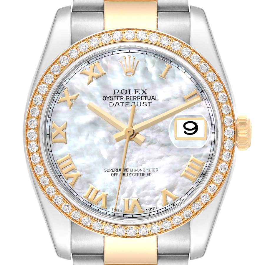 The Rolex Datejust 116243 Men's Steel and Gold (two tone) Mother of Pearl Dial 116243 Men's Steel and Gold (two tone) Mother of Pearl Dial watch is shown from a front view, featuring a diamond-studded bezel and a mother-of-pearl dial with Roman numerals.