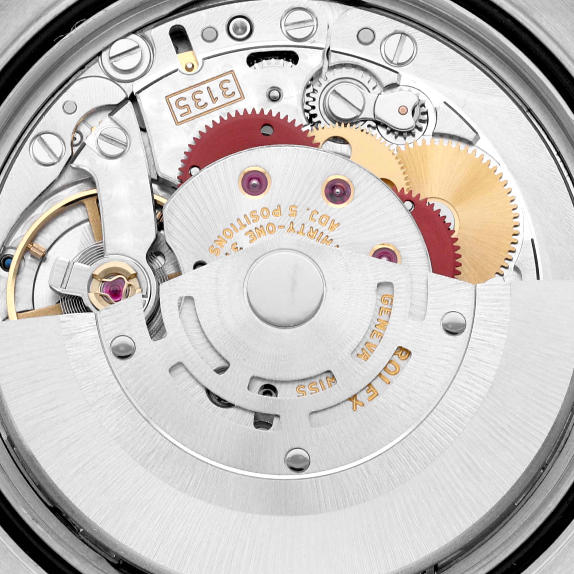 This image shows the intricate internal mechanism of the Rolex Datejust 116243 Men's Steel and Gold (two tone) Mother of Pearl Dial 116243 Men's Steel and Gold (two tone) Mother of Pearl Dial watch from a back angle.