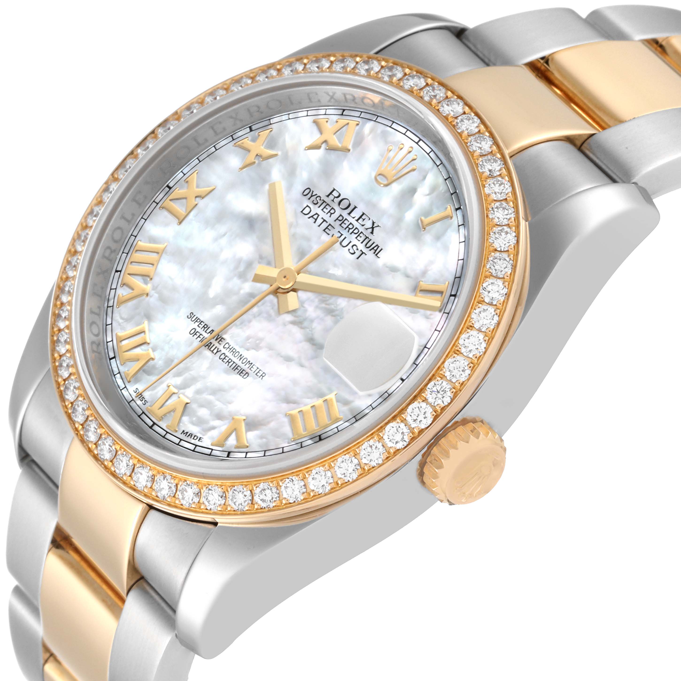 The image shows a side view of the Rolex Datejust 116243 Men's Steel and Gold (two tone) Mother of Pearl Dial 116243 Men's Steel and Gold (two tone) Mother of Pearl Dial with visible parts including the dial, bezel, crown, and part of the bracelet.