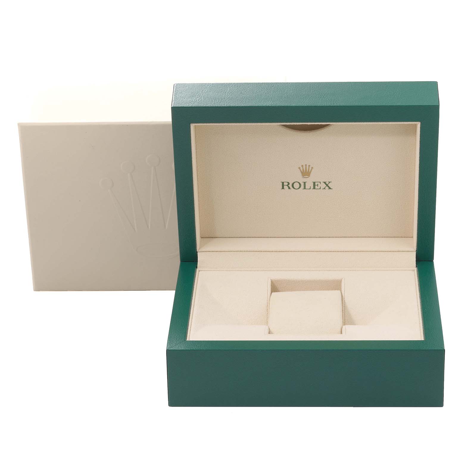 This image shows an open green Rolex watch box designed for the Datejust model, with the Rolex logo inside.