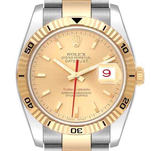 The image shows a front view of the Rolex Turn-o-Graph 116263 Men's Steel and Gold (two tone) Champagne Dial 116263 Men's Steel and Gold (two tone) Champagne Dial watch, showcasing its dial, bezel, and part of the bracelet.