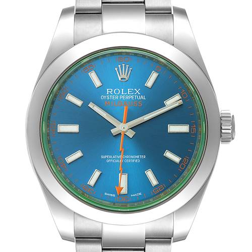 This image shows a Rolex Milgauss 116400GV Men's Stainless Steel Blue Dial 116400GV Men's Stainless Steel Blue Dial watch from a front angle, highlighting its blue dial, orange second hand, and stainless steel bracelet.