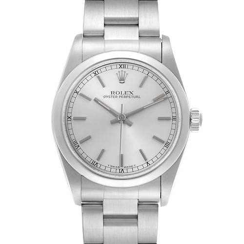 The Rolex Mid-Size 67480 Women's Stainless Steel Silver Dial 67480 Women's Stainless Steel Silver Dial watch is shown from a front angle, displaying the dial, case, bracelet, and crown.