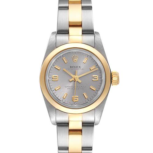This is a front view of a Rolex Oyster Perpetual 67183 Women's Steel and Gold (two tone) Silver Dial 67183 Women's Steel and Gold (two tone) Silver Dial watch, showing the face, bezel, and part of the bracelet.