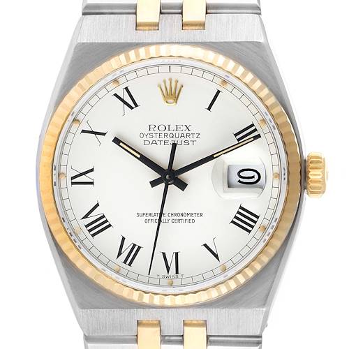 This image shows a frontal view of the Rolex Oysterquartz 17013 Men's Steel and Gold (two tone) White Dial 17013 Men's Steel and Gold (two tone) White Dial watch, highlighting the dial, hands, bezel, crown, and part of the bracelet.