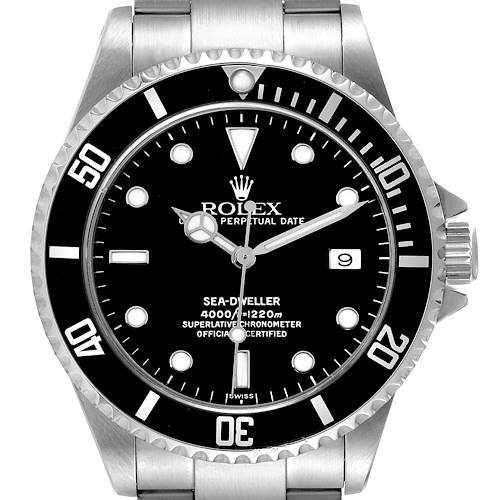 This image shows a front view of a Rolex Sea-Dweller 16600 Men's Stainless Steel Black Dial 16600 Men's Stainless Steel Black Dial watch, including the dial, bezel, and part of the bracelet.