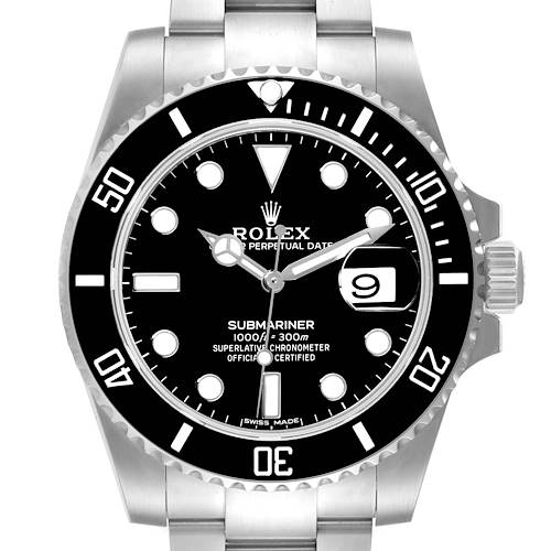 The image shows a full frontal view of a Rolex Submariner 116610 Men's Stainless Steel Black Dial 116610 Men's Stainless Steel Black Dial watch displaying its dial, bezel, and part of the bracelet.