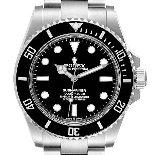 The image shows a front view of a Rolex Submariner 124060 Men's Stainless Steel Black Dial 124060 Men's Stainless Steel Black Dial watch, displaying the dial, bezel, and part of the bracelet.