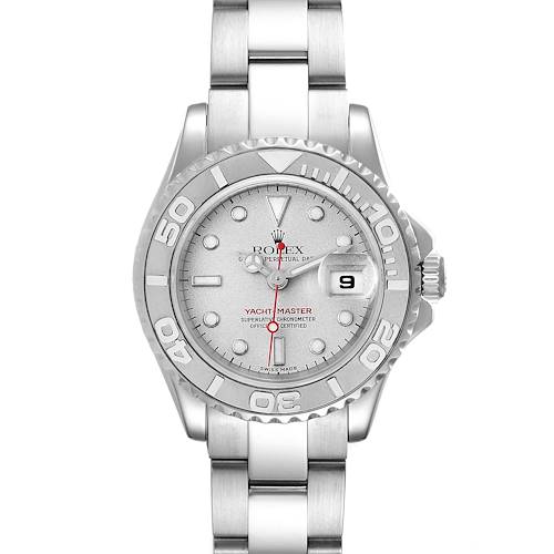 The Rolex Yacht-Master 169622 Women's Stainless Steel Silver Dial 169622 Women's Stainless Steel Silver Dial watch is shown from the front, displaying its face, bezel, and part of the bracelet.
