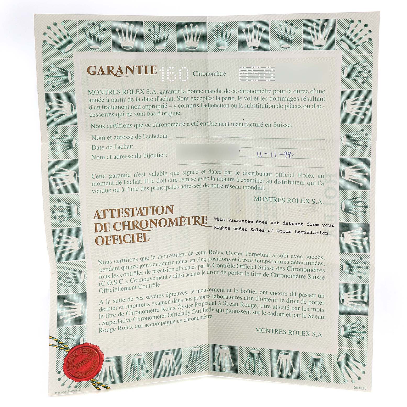 The image shows a warranty and chronometer certification document for a Rolex Yacht-Master 169622 Women's Stainless Steel Silver Dial 169622 Women's Stainless Steel Silver Dial model, photographed at a straight-on angle.