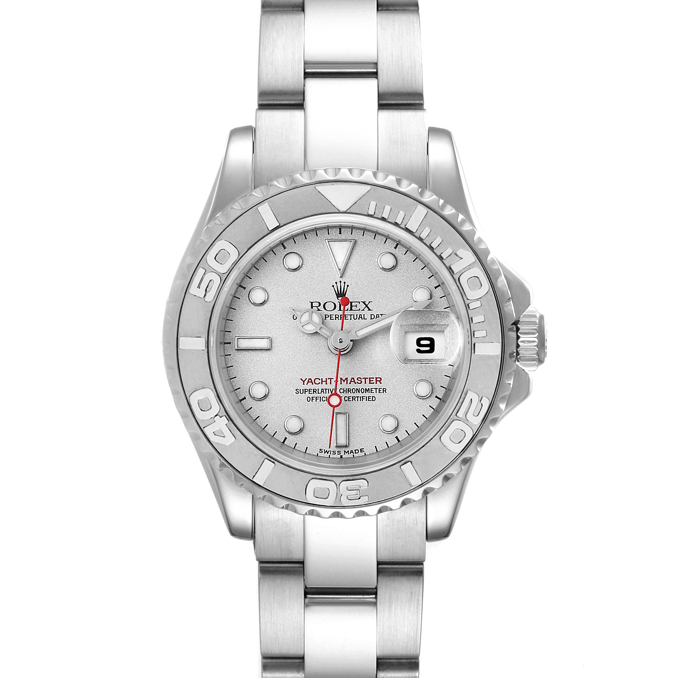 This is a front view of the Rolex Yacht-Master 169622 Women's Stainless Steel Silver Dial 169622 Women's Stainless Steel Silver Dial watch showing the face, bezel, crown, and part of the bracelet.
